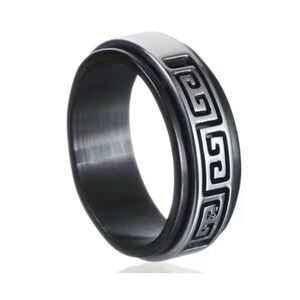 Stainless Steel Greek Key Spinner Ring - Black Silver Cutout Fidget Band